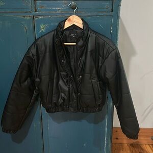Faux leather cropped bomber jacket.